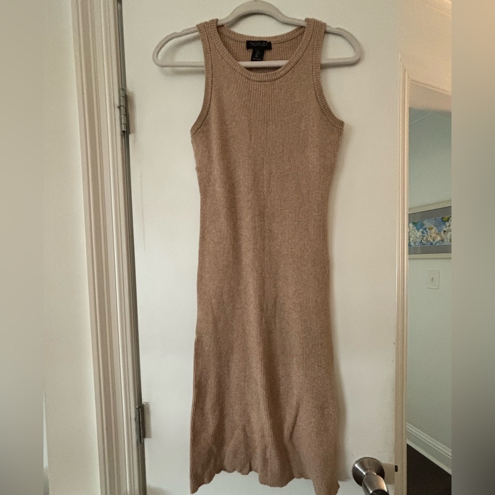 Rachel Zoe Tan Ribbed Sheath Midi Dress